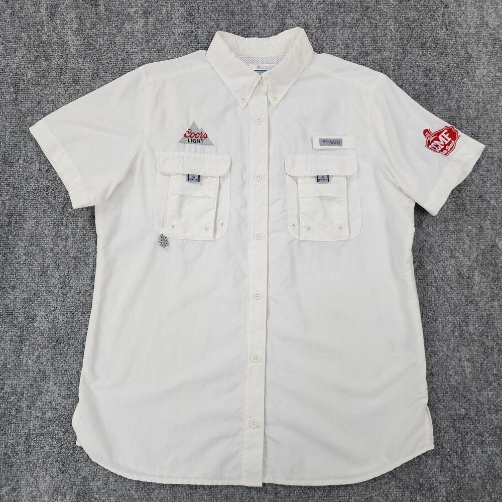 Columbia PFG Shirt Womens Medium White Coors Light CCMF Short Sleeve Hiking Vent